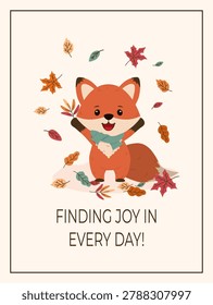 A joyful flat vector illustration depicting a happy little red fox cub with open arms wearing a warm turquoise scarf surrounded by swirling colorful autumn foliage. Vector illustration