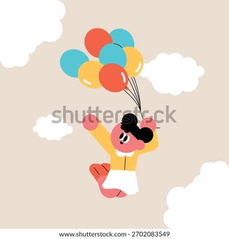 Joyful Flight A Character Carried by Colorful Balloons in the Sky
