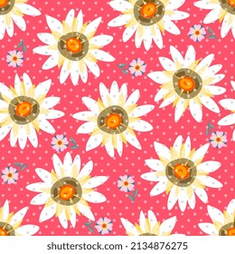 Joyful floral seamless pattern with huge daisies and small cinquefoil flowers on a crimson background with small light polka dots. Beautiful print for chintz fabric.
