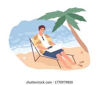 Joyful Freelancer Male Working Remotely On Beach Use Laptop Vector Flat Illustration. Smiling Man On Chaise-longue Chatting Or Surfing Internet Isolated. Cheerful Modern Guy Relaxing Enjoy Vacation