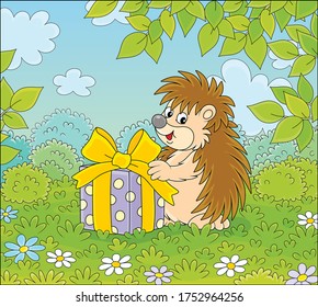 Joyful and friendly smiling little hedgehog holding a beautiful box with a holiday gift on a pretty glade of a green forest on a warm summer day, vector cartoon illustration