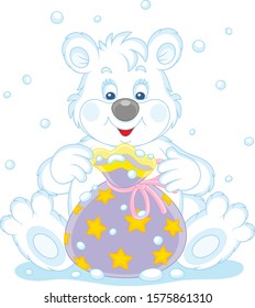 Joyful and friendly smiling little polar white bear and a beautiful bag with holiday gifts, vector cartoon illustration