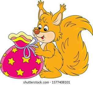 Joyful and friendly smiling red squirrel holding a beautiful bag with a holiday gift, vector cartoon illustration