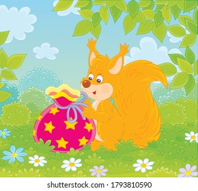 Joyful and friendly smiling red squirrel holding a beautiful bag with a holiday gift on a green forest glade on a warm summer day, vector cartoon illustration