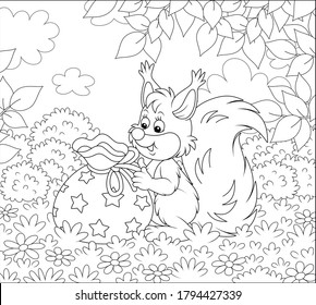 Joyful and friendly smiling squirrel holding a beautiful bag with a holiday gift on a pretty forest glade, black and white vector cartoon illustration for a coloring book