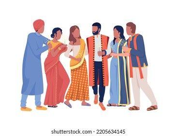 Joyful friends celebrating holiday semi flat color vector characters. Editable figures. Full body people on white. Indian culture simple cartoon style illustration for web graphic design and animation