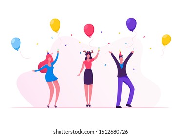 Joyful Friends or Colleagues Team Celebrating Christmas Together. Happy Business Man and Woman in Funny Hat Having Fun Drinking Champagne at Corporate Office Party Cartoon Flat Vector Illustration