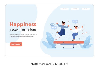 Joyful friends on a trampoline. Expressing happiness, they soar amidst digital icons and chat bubbles, capturing the essence of fun in a connected world. Euphoria meets technology. vector illustration