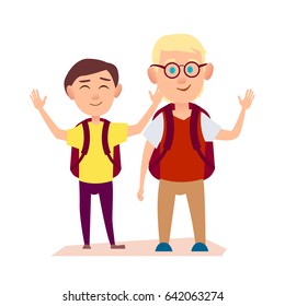 Joyful friends with ruddy packsack waving their hands on white background. Free time for two boys after school vector illustration.