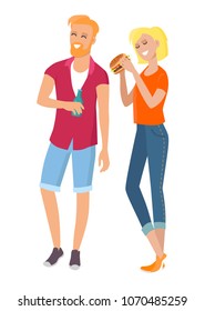 Joyful friends vector illustration, color banner, cheerful bearded man with bottle and his girlfriend, woman eating a tasty burger, white background