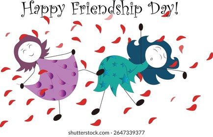 A joyful friendship day illustration featuring two girls dancing together surrounded by flying rose petals. The vibrant scene expresses happiness, togetherness and celebration.