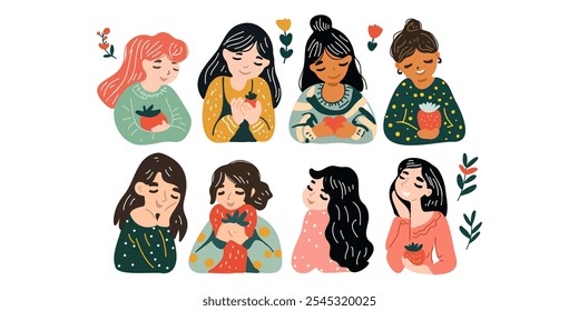 Joyful friendship vector illustrations – a set of girls expressing the warmth of friendship, laughter, and happiness