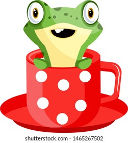 Joyful frog in a cup of tea, illustration, vector on white background.
