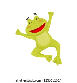 Joyful frog in jumping action with paws up. Happy toad. Flat vector element for children book or greeting card