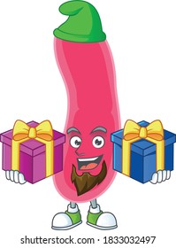 A joyful fusobacteria mascot design style with Christmas gifts. Vector illustration