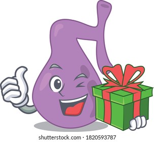 personaje alegre de caricatura de vesícula biliar con una gran caja de regalo