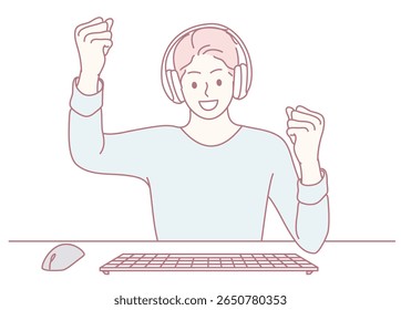 Um jogador alegre comemora uma vitória árdua em sua configuração de computador, orgulhosamente usando fones de ouvido e se sentindo orgulhoso