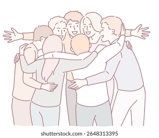 Uma reunião alegre de amigos compartilhando um abraço caloroso, celebrando a maravilhosa conexão que os une
