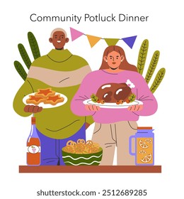 A joyful gathering that showcases a variety of delicious homemade dishes at a wonderful community potluck event