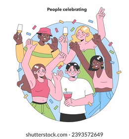 Joyful Gathering. A vibrant mix of friends raising glasses to celebrate life's special moments together. Flat vector illustration