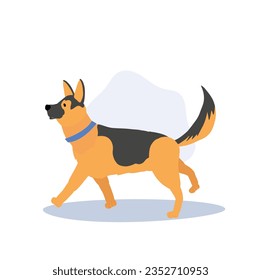 Joyful German Shepherd Dog Enjoying a Walk Outdoors. Flat vector cartoon illustration