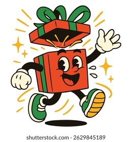 Joyful gift box character with an open lid and green ribbon jumping in excitement, surrounded by sparkles, symbolizing celebration, surprise, and festive cheer in cartoon style.