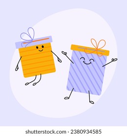 Joyful gift box characters jumping in the air. Holiday background, banner, card, poster