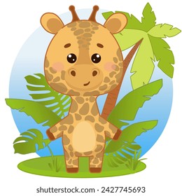 A joyful giraffe stands and waves near a palm tree. Giraffe in kawaii style. Kawaii giraffe. Vector illustration of drawings, prints and patterns. Children s illustration.