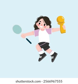 Joyful Girl Badminton Player Winning a Trophy Celebratory Jump Cartoon Illustration