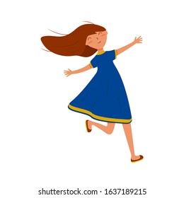 Joyful Girl In A Blue Dress Runs With Outstretched Arms, With Long Flowing Hair, With Freckles. Colorful Illustration In A Flat Style. Cartoon Vector