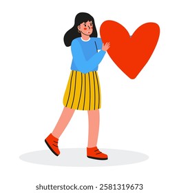 A joyful girl is carrying a heart in an eyecatching and colorful illustration style