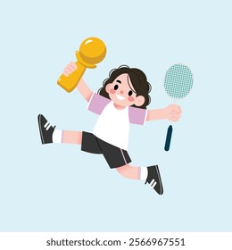 Joyful Girl Celebrating Badminton Victory Holding Trophy and Racket