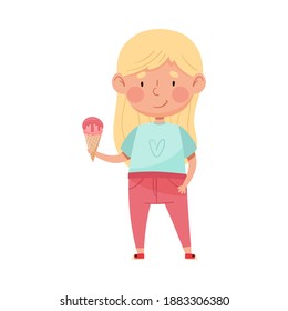 Joyful Girl Character Holding Ice Cream in Waffle Cone Vector Illustration