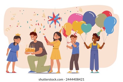 Personaje De Chica Alegre, Rodeada De Amigos, Vigas Mientras Soplaba Velas En Su Pastel De Cumpleaños, Habitación Iluminada Con El Resplandor De La Celebración Y La Risa Juvenil. Ilustración vectorial de Personas de dibujos animados