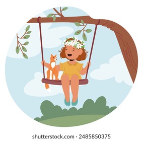 Personaje De Chica Alegre Usando Una Corona Floral Mientras Se Balancea En Un Columpio De Árbol Con El Gato. La Escena Capta Un Momento Despreocupado Y Juguetón En La Naturaleza Bajo Un Cielo Despejado. Ilustración vectorial de Personas de dibujos animados