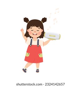 Joyful girl dancing and having fun with audio speaker cartoon vector illustration