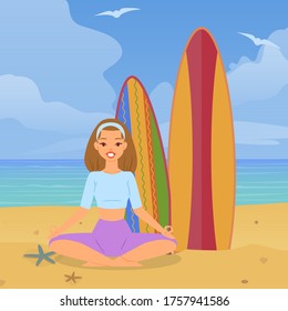Joyful girl doing yoga beach, vacation ocean, colorful nature, yellow, hot sand, design, cartoon style vector illustration. Lotus position relaxation, surfboards, healthy sport, healthy lifestyle.