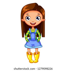 joyful girl dressed in denim overalls and rubber boots. Cartoon characters. Vector illustration. Can be used for fashion print design, kids wear, website design, celebration greeting and invitation