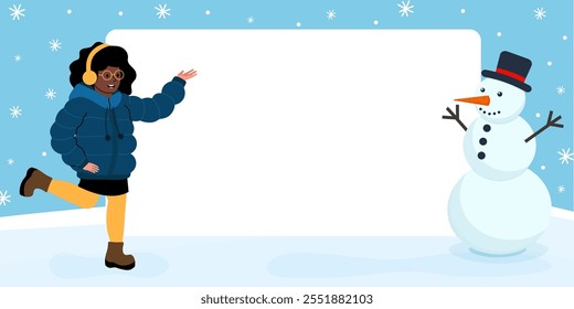 Joyful girl enjoying winter with a snowman in a snowy environment