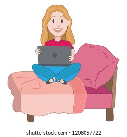 Joyful Girl female Teen Happy Student at home classroom thinking reading online contents getting ready to study education using a digital device laptop tablet sitting on the bed