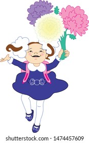 Joyful girl first grader with a school bag and a bouquet of chrysanthemums. Isolated vector image on a white background.