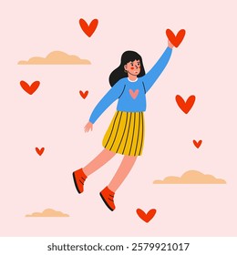 A Joyful Girl Floating in the Air Surrounded by Colorful Hearts in a Beautiful Illustration. Self love concept, mental health