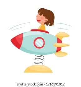 Joyful Girl Having Fairground Ride on Bouncing Rocket Vector Illustration