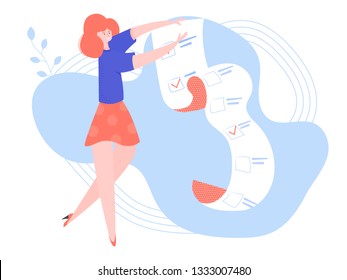 Joyful girl holding a long sheet of paper. Document with check list. Day planning, time management, project management. Vector illustration.