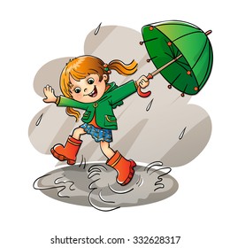 Joyful girl jumping in the rain with the green umbrella isolated on white background