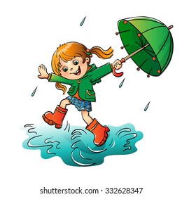 Joyful girl jumping in the rain with the green umbrella isolated on white background
