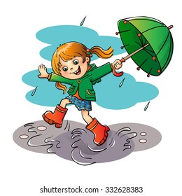 Joyful girl jumping in the rain with the green umbrella isolated on white background