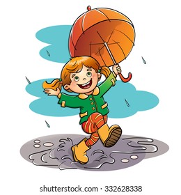 Joyful girl jumping in the rain with an orange  umbrella isolated on white background