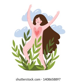 The joyful girl jumps in a grass. Free love concept. Cute design for t-shirt or greeting card. Vector illustration.