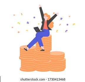 Una jovencita con un portátil se sienta en una pila de monedas de oro. Ganando en Internet, ganando en línea. Ilustración plana vectorial.